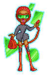 pixel doll of a spindly lady, medium dark skin, doing a surprised face, wearing a vivid orange helmet-shaped cloth hood with transparent acid green visor, dark grey modernist suit jacket (it's Mugler), vivid orange thigh-high boots with grey ribbed knee pads, holding a vivid orange handbag which has a telephone cord emerging from it, in her other hand is the matching receiver, in the background hover geometric shapes of shiny acid green glass